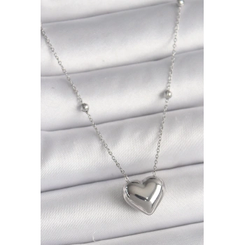 316L Çelik Gümüş Renk Topçuk Detay Zincir Kalp Model Kadın Kolye - TJ-BKO9773