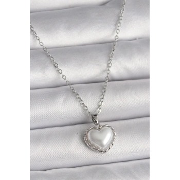 316L Çelik Gümüş Renk Zincir 3D İnci Kalp Model Kadın Kolye - TJ-BKO9712