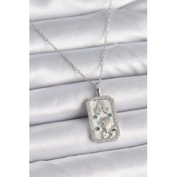 316L Çelik Gümüş Renk Zincir Aslan Burcu Zirkon Taşlı Kadın Kolye - TJ-BKO9451