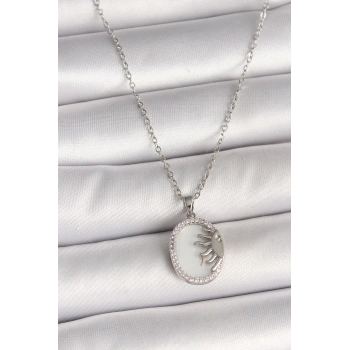 316L Çelik Gümüş Renk Zincir Beyaz Mineli Gün Batımı Model Zirkon Taş Detaylı Kadın Kolye - TJ-BKO10003