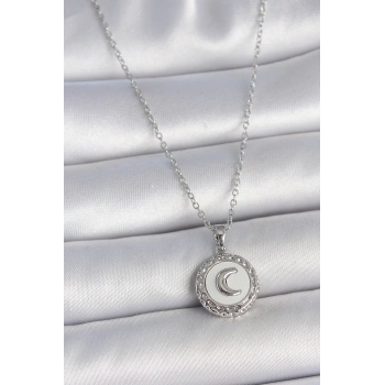 316L Çelik Gümüş Renk Zincir Beyaz Mineli Hilal İşlemeli Madalyon Model Kadın Kolye - TJ-BKO10034