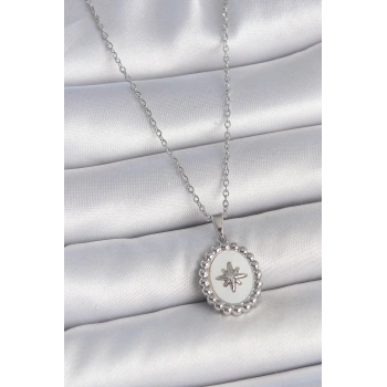 316L Çelik Gümüş Renk Zincir Beyaz Mineli Kutup Yıldız İşlemeli Madalyon Model Kadın Kolye - TJ-BKO10062