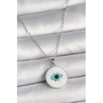 316L Çelik Gümüş Renk Zincir Beyaz Mineli Turkuaz Göz İşleme Model Kadın Kolye - TJ-BKO9729