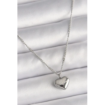 316L Çelik Gümüş Renk Zincir Love İşleme Kalp Figür Kadın Kolye - TJ-BKO9779