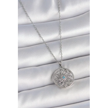316L Çelik Gümüş Renk Zincir Mavi Taşlı Lotus Model Kadın Kolye - TJ-BKO10060