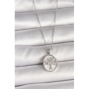 316L Çelik Gümüş Renk Zincir Zirkon Taş İşlemeli Beyaz Mineli Ağaç İşlemeli Portre Model Kadın Kolye - TJ-BKO9983