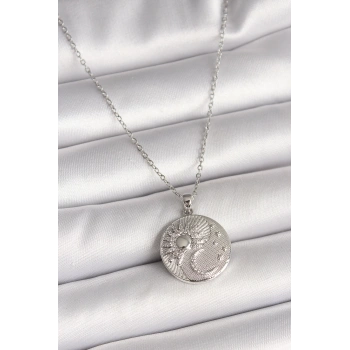 316L Çelik Gümüş Renk Zincir Zirkon Taşlı Ay Güneş İşlemeli Madalyon Model Kadın Kolye - TJ-BKO9959