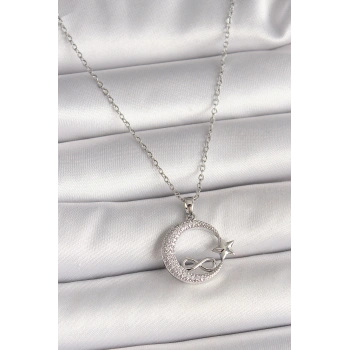 316L Çelik Gümüş Renk Zincir Zirkon Taşlı Ay Yıldız Model Sonsuzluk Detay Kadın Kolye - TJ-BKO10001