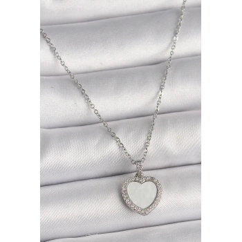 316L Çelik Gümüş Renk Zincir Zirkon Taşlı Beyaz Mineli Kalp Model Kadın Kolye - TJ-BKO9781