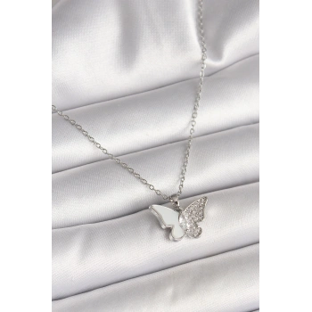 316L Çelik Gümüş Renk Zincir Zirkon Taşlı Beyaz Mineli Kelebek Model Kadın Kolye - TJ-BKO9941
