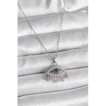 316L Çelik Gümüş Renk Zincir Zirkon Taşlı Göz Model Kadın Kolye - TJ-BKO9564