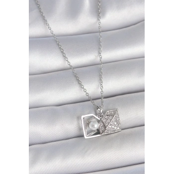 316L Çelik Gümüş Renk Zincir Zirkon Taşlı İncili Açılır Elmas Model Kadın Kolye - TJ-BKO10048