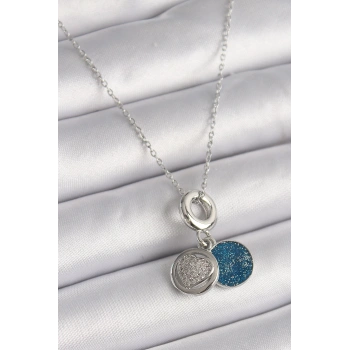 316L Çelik Gümüş Renk Zincir Zirkon Taşlı İşleme Mavi Simli Kadın Kolye - TJ-BKO9641