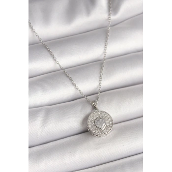 316L Çelik Gümüş Renk Zincir Zirkon Taşlı Kalp İşlemeli Madalyon Model Kadın Kolye - TJ-BKO9947