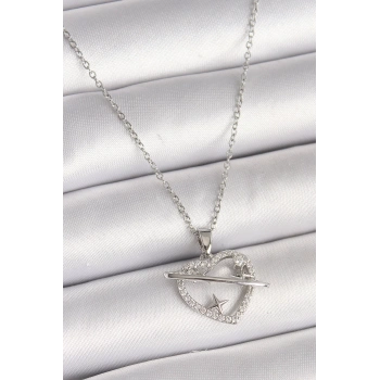 316L Çelik Gümüş Renk Zincir Zirkon Taşlı Kalp Model Yıldız Detay Kadın Kolye - TJ-BKO9860