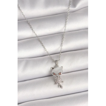 316L Çelik Gümüş Renk Zincir Zirkon Taşlı Kedi Model Kadın Kolye - TJ-BKO9981