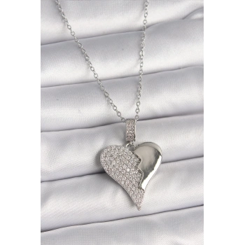 316L Çelik Gümüş Renk Zincir Zirkon Taşlı Kırık Kalp Model Kadın Kolye - TJ-BKO9756