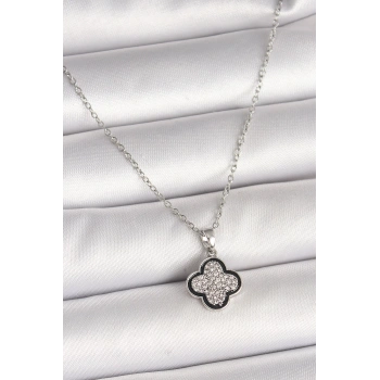 316L Çelik Gümüş Renk Zincir Zirkon Taşlı Yonca Model Kadın Kolye - TJ-BKO9975
