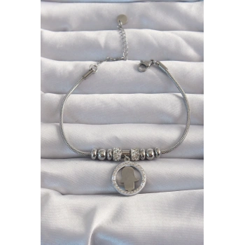 316L Çelik Gümüş Renk Zirkon Taş Aksesuarlı Fatma Ana Eli Bileklik - TJ-BB6234