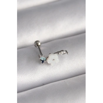316L Çelik Gümüş Renk Zirkon Taş Detay Beyaz Çiçek Model Tragus Piercing - TJ-PR1357