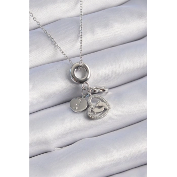 316L Çelik Gümüş Renk Zirkon Taş Detay Kalp Model Charm Kadın Kolye - TJ-BKO9305