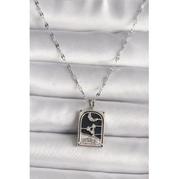 316L Çelik Gümüş Renk Zirkon Taşlı  Ay Figürlü Taror Model Kadın Kolye - TJ-BKO9685