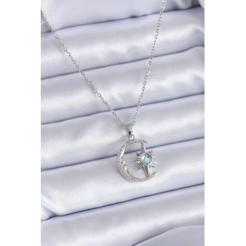 316L Çelik Gümüş Renk Zirkon Taşlı Ay Yıldız Model Kadın Kolye - TJ-BKO7689