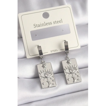 316L Çelik Gümüş Renk Zirkon Taşlı Göz İşleme Detaylı Plaka Model Kadın Küpe - TJ-BKP9699