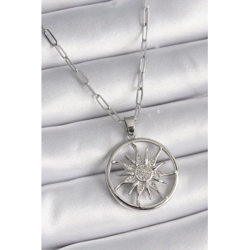 316L Çelik Gümüş Renk Zirkon Taşlı Güneş Madalyon Model Kadın Kolye - TJ-BKO9529