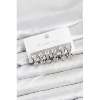 316L Çelik Gümüş Renk Zirkon Taşlı Halka Küpe Seti - TJ-BKP11527