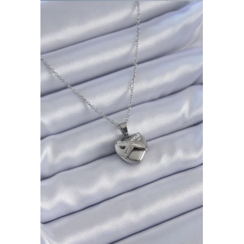 316L Çelik Gümüş Renk Zirkon Taşlı Kalp Model Kadın Kolye - TJ-BKO7627
