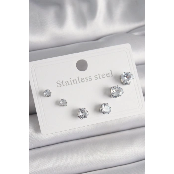 316L Çelik Gümüş Renk Zirkon Taşlı Kalp Model Kadın Küpe Seti - TJ-BKP9879