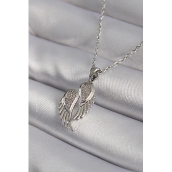 316L Çelik Gümüş Renk Zirkon Taşlı Kanat Model Kadın Kolye - TJ-BKO8347