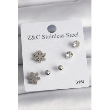 316L Çelik Gümüş Renk Zirkon Taşlı Kar Tanesi Model Kadın Küpe Seti - TJ-BKP10014