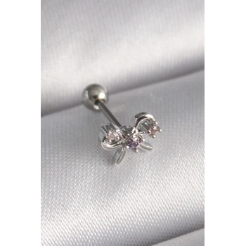 316L Çelik Gümüş Renk Zirkon Taşlı Kurdele Tragus Piercing - TJ-PR1265