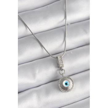 316L Çelik Gümüş Renk Zirkon Taşlı Nazar Boncuk Model Kadın Kolye - TJ-BKO9523