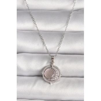 316L Çelik Gümüş Renk Zirkon Taşlı Pembe Sedefli Hilal Model Kadın Kolye - TJ-BKO9701