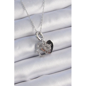 316L Çelik Gümüş Renk Zirkon Taşlı Sonsuzluk Kalp Figür Charm Model Kadın Kolye - TJ-BKO9309