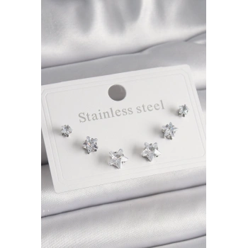 316L Çelik Gümüş Renk Zirkon Taşlı Yıldız Model Kadın Küpe Seti - TJ-BKP9881