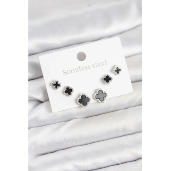 316L Çelik Gümüş Renk Zirkon Taşlı Yonca Model Kadın Küpe Seti - TJ-BKP11587