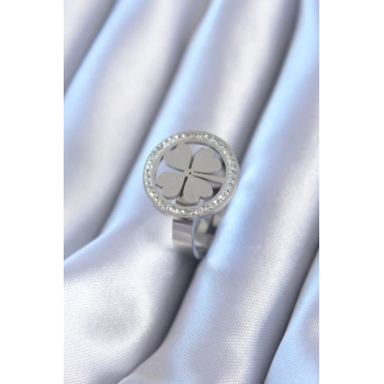 316L Çelik Gümüş Renk Zirkon Taşlı Yonca Model Kadın Yüzük - TJ-BYK2765