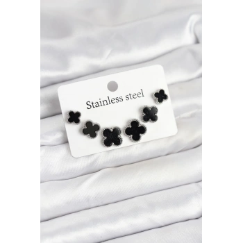 316L Çelik Gümüş Siyah Renk 3 Boy Yonca Küpe Seti - TJ-BKP11234