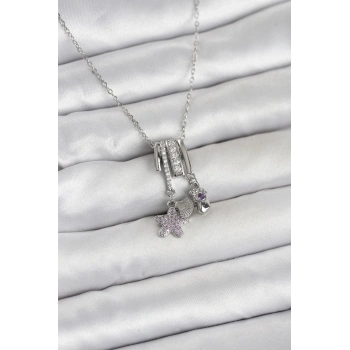 316L Çelik Gümüş Zirkon Taşlı Deniz Tema Charmlı Kadın Kolye - TJ-BKO11012