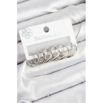 316L Çelik Halka Model Gümüş Renk 3lü Set Kadın Küpe - TJ-BKP10984