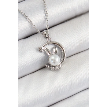 316L Çelik İnci Detaylı Hilal Tavşan Model Gümüş Renk Kadın Kolye - TJ-BKO10348