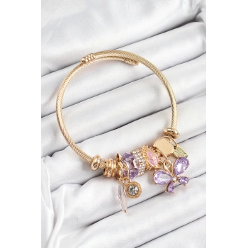 316L Çelik Mor Zirkon Taşlı Kelebek Model Gold Renk Charm Bileklik - TJ-BB7324