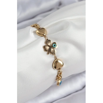 316L Çelik Nazar Boncuk Detaylı Yonca Model Gold Renk Kadın Bileklik - TJ-BB7832