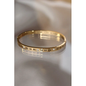 316L Çelik Roma Rakamlı Gold Renk Bilezik Kelepçe - TJ-BB3565