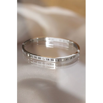 316L Çelik Roma Rakamlı Silver Renk Bilezik Kelepçe - TJ-BB3566