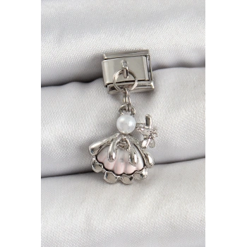 316L Çelik Sallantılı İnci Detaylı İstiridye Model Gümüş Renk Nomination Charm - TJ-BC1453